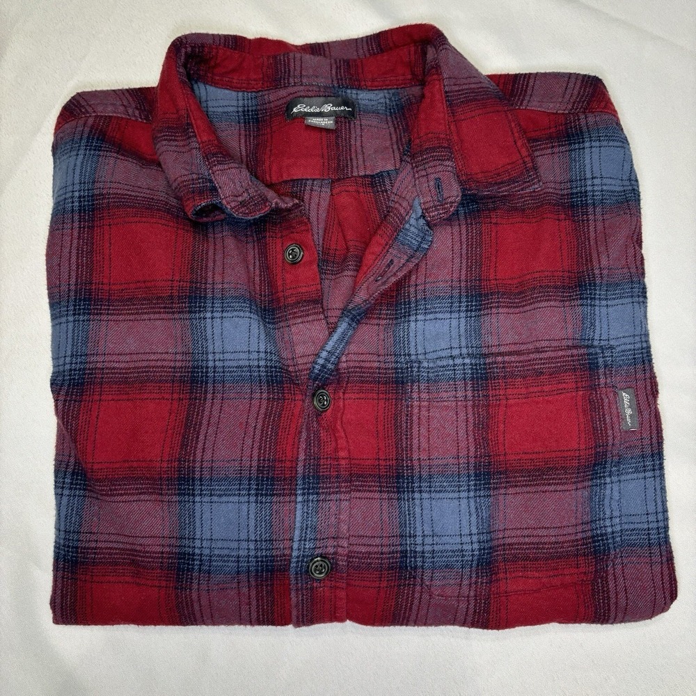 Vintage Eddie Bauer Mens Red‎ Blue Plaid Flannel Button Down Shirt Large L/G